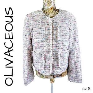Olivaceous Bumpy Textured Colorful Silver Glittery Frayed Edge Cropped Jacket